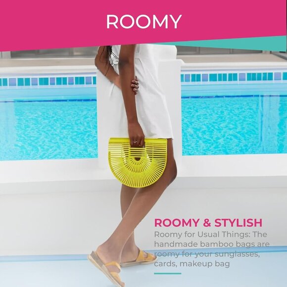 Women's Bamboo Handbag, Yellow, Handmade Tote for Summer, Great Gift for Birthda - Picture 6 of 7